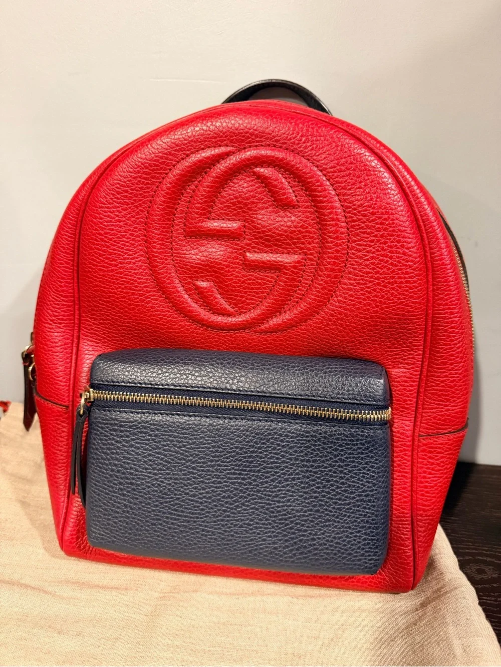 GUCCI *LIKE NEW* Red & Black Leather Mini Backpack & Gold Chain - W/ Dusty